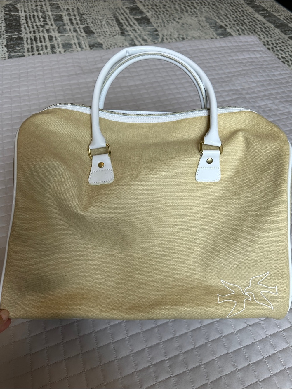 Canvas Satchel Handbag in Beige with White Handles - Picture 12 of 13